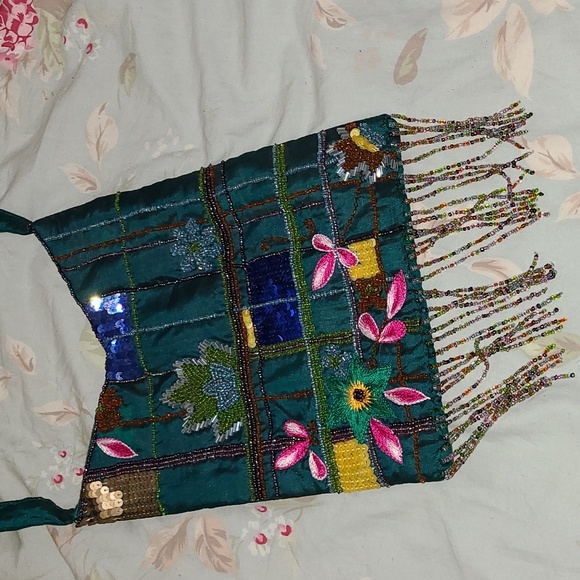 Green silk Milson & Louis boho fringe shoulder purse bag - Picture 2 of 5